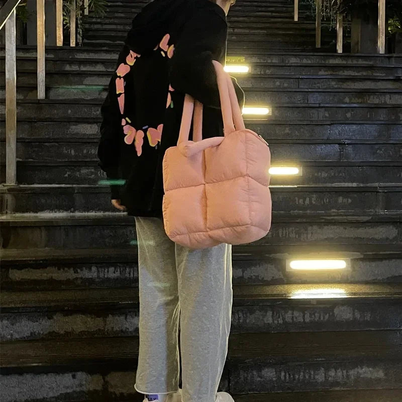 Designer Puffy Shoulder Bag Women Quilted Space Cotton Down Feather Padded Large Capacity Handbag Winter Shopping Tote Bolsas
