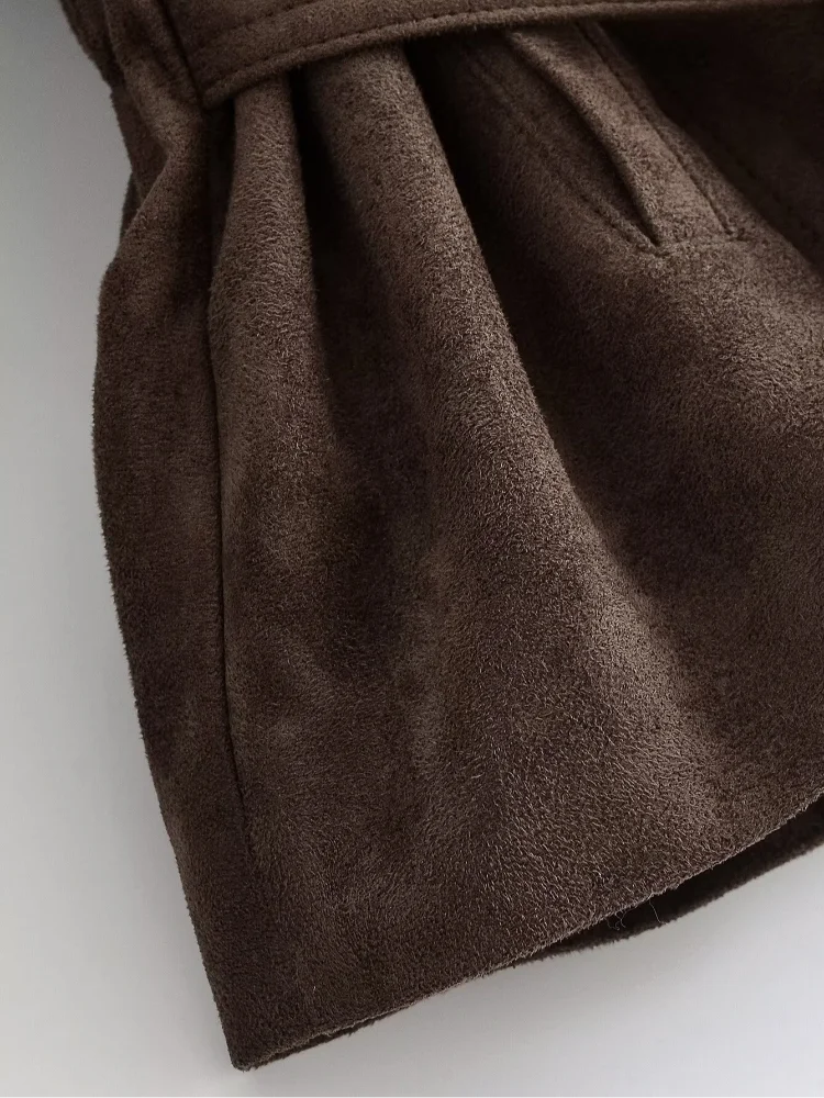 Women Brown Faux Suede Short Jacket Tie‑waist Long Sleeve Vintage Streetwear 2026 Lady New Autumn Winter Casual Outerwear Coat