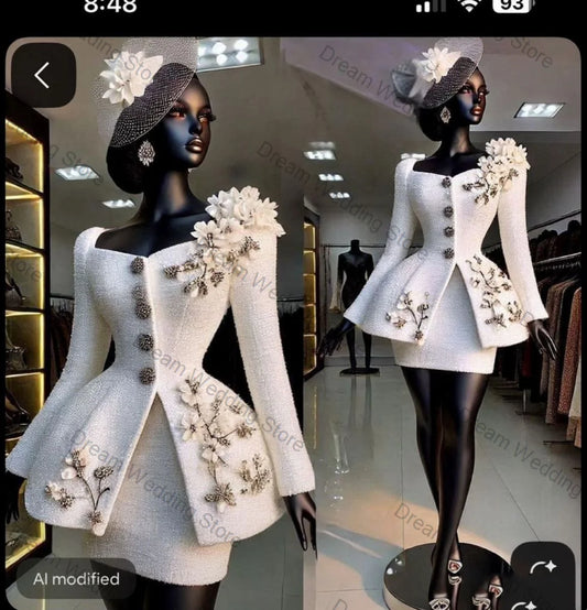 White Women Suit Set 2 Pcs Blazer+Short Mini Prom Dress 3D Flower Fall Formal Office Lady Jacket Customized Wedding Guest Coat