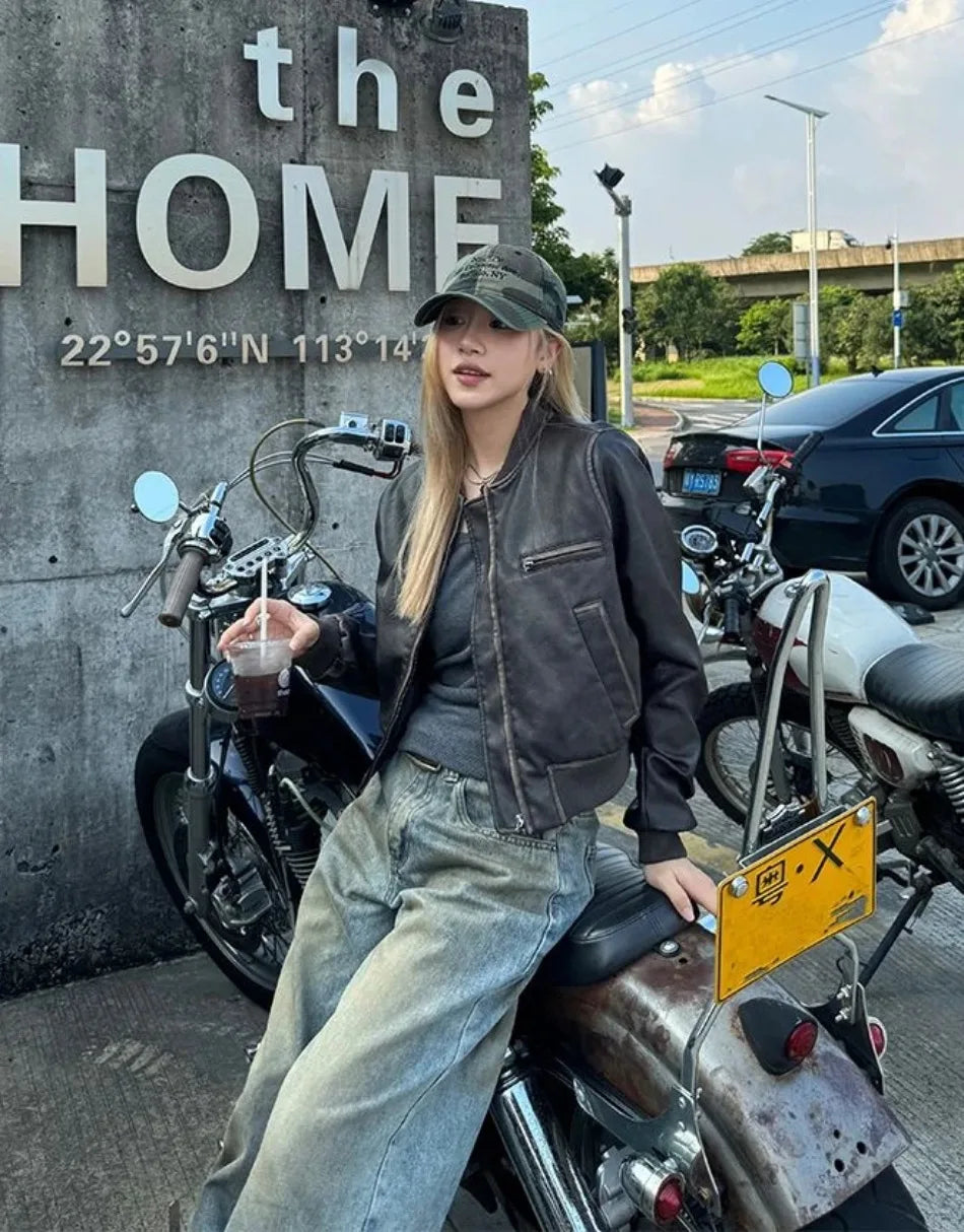 New in Autumn Winter Women High End Short Motorcycle Leather Jacket Women Top Retro Brown Loose Casual Coat Female Clothing
