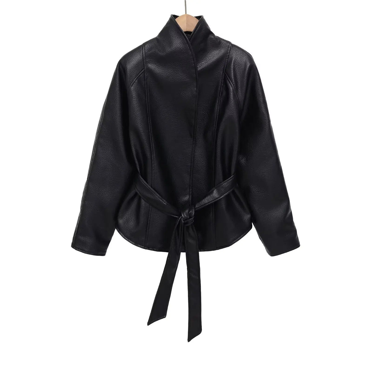 Women 2026 Spring Autumn New Hot Selling Solid Color Belted Slim Fit Faux Leather Jacket Coat Fashion Trendy Chic Outerwear Best
