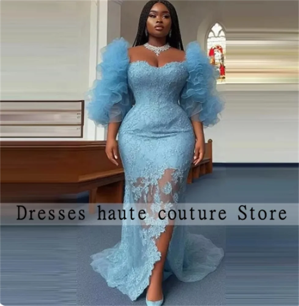 New Popular Blue Lace African Evening Dresses 2025 Aso Ebi Wedding Party Dress Bridesmaid Gown Women Formal Dress Customized