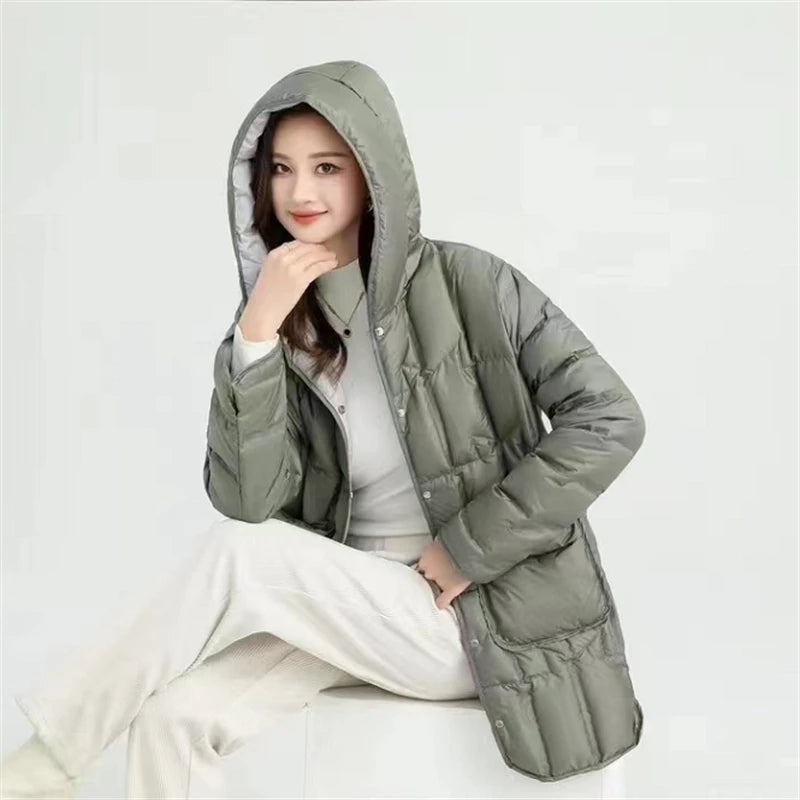 Autumn Winter Women Mid-Long Hooded Puffer Coat Ultra Light White Duck Down Jacket Female Single Breasted Parkas