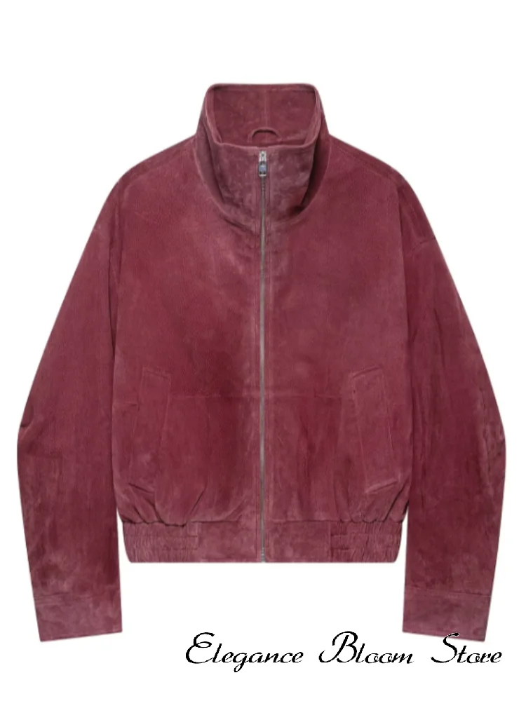 Women Stand Collar Leather Pilot Jacket Red Zipper Cropped Coat Fashion Casual Fashion Outerwear 2026 New Arrival Streetwear