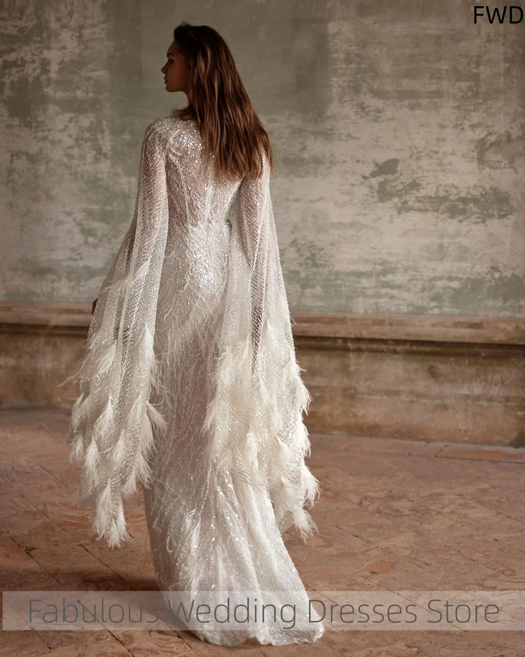 Customized Charming Luxury Beads Lace Wedding Dress Sexy Feather Shawl Sleeves Bridal Gowns Robe De Mariée