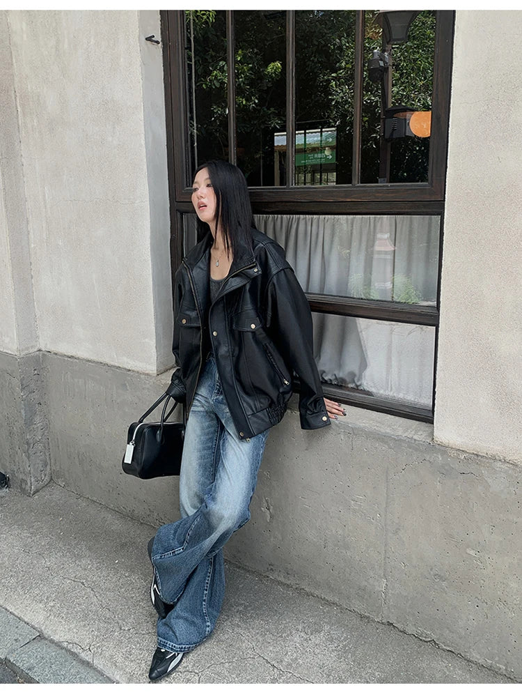 Lautaro Spring Winter Cool Oversized Thicken Warm Black Hard Pu Leather Jacket Women Long Sleeve High Quality American Clothing