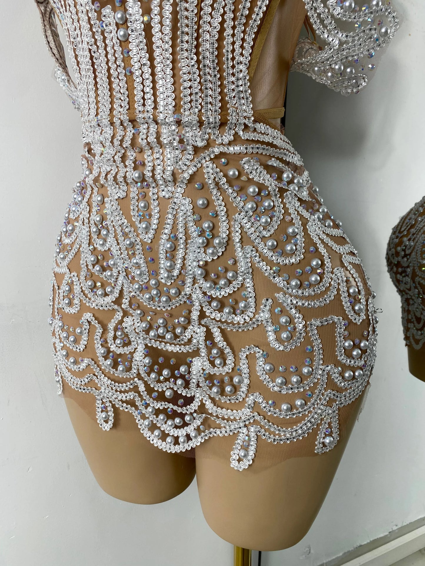 Luxury Pearls Sparkly Rhinestones Women Sexy Off Shoulder Mesh See Through Mini Bodycon Birthday Dress Party Performance Costume