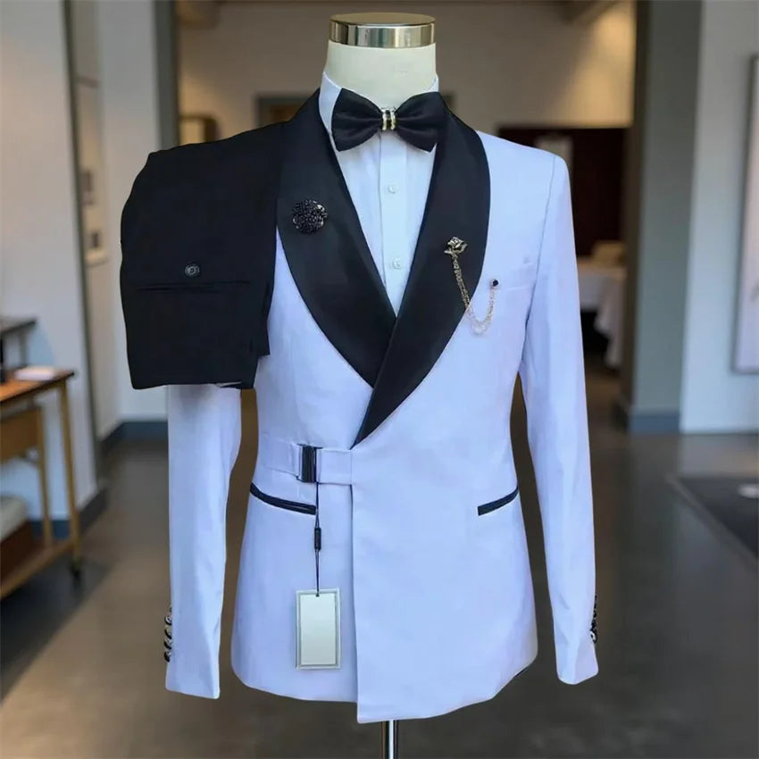 2 Pieces Wedding Tuxedo for Groom with Buckle Slim Fit Men's Suits White Jacket with Black Pants Sets Formal Male Fashion Suit