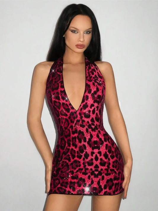 Sexy Dress Dresses 2025 Woman Vestidos Animal Print Backless Halter Neck Package Hip Sleeveless Wild Hot Girl Style Street Wind