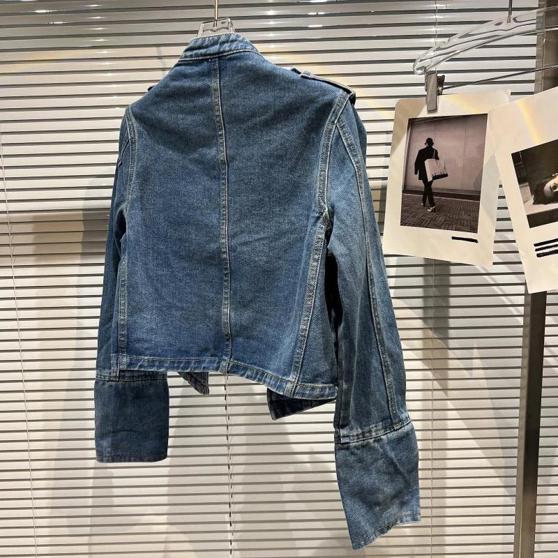DEAT 2026 Autumn New Fashion Metal Buckle Design Shoulder Strap Denim Short Jacket For Women High Street Coat Female 11A06995