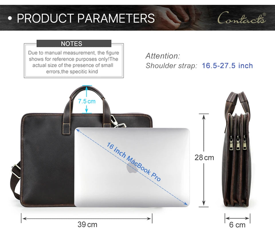 CONTACT'S Genuine Leather Sling Briefcase for Men Business Bags Male Shoulder Bag Men's Bag Tote Laptop Bags for 16" Macbook Pro