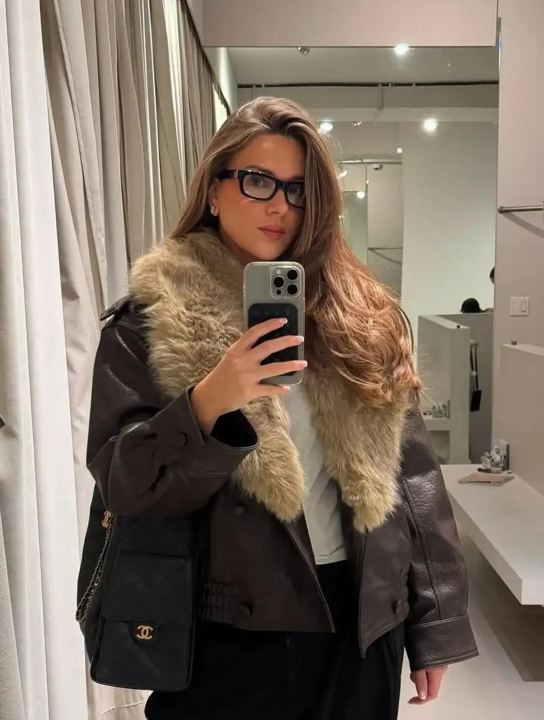 Women Fur Collar Faux Leather Jacket Pebbled Pu Cropped Coat Double Breasted Epaulet Loose 2026 Vintage  Autumn Trendy Outerwear
