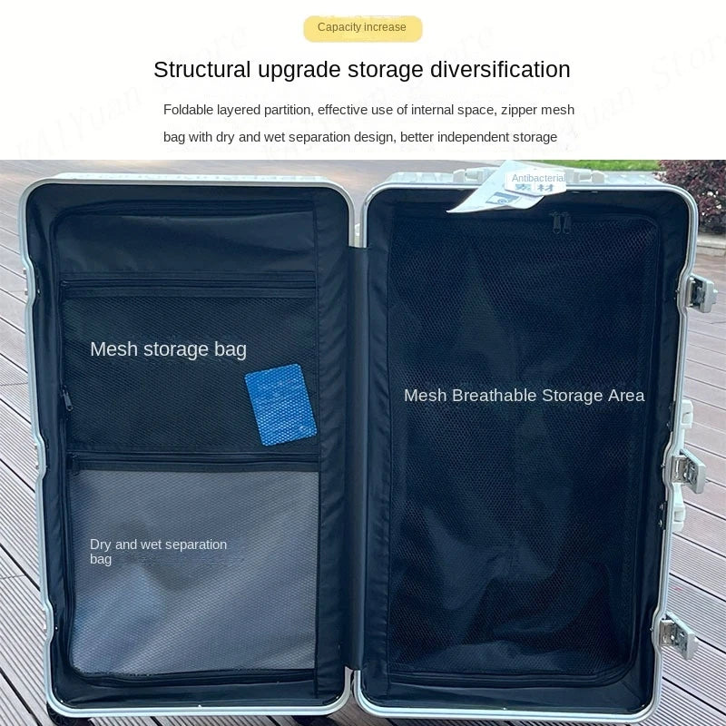 New Suitcase Aluminum Frame Rolling Luggage with Cup Holder Cabin Carrier PC Material Suitcase on Wheels Large Capacity