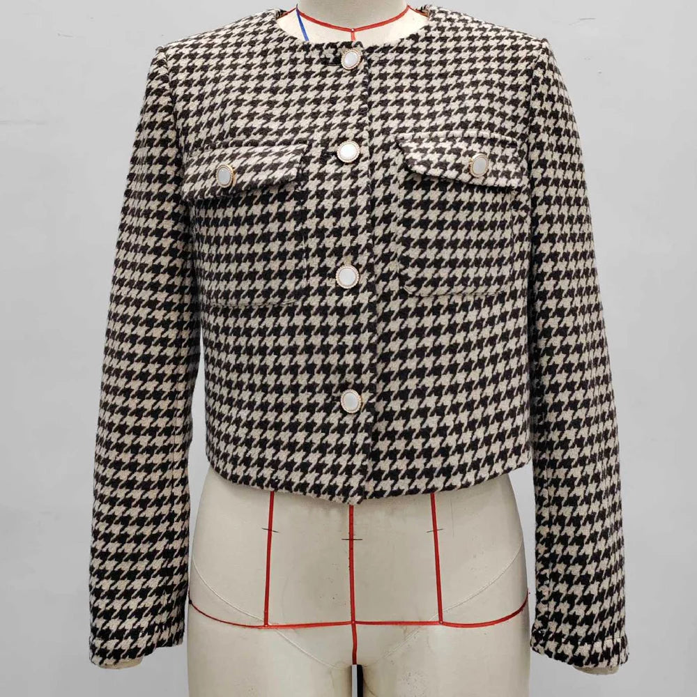2026 Casual O Neck Tweed Cropped Jacket For Women Winter Plaid Long Sleeve Short Coat Ladies Autumn Button Pocket Outwear Female