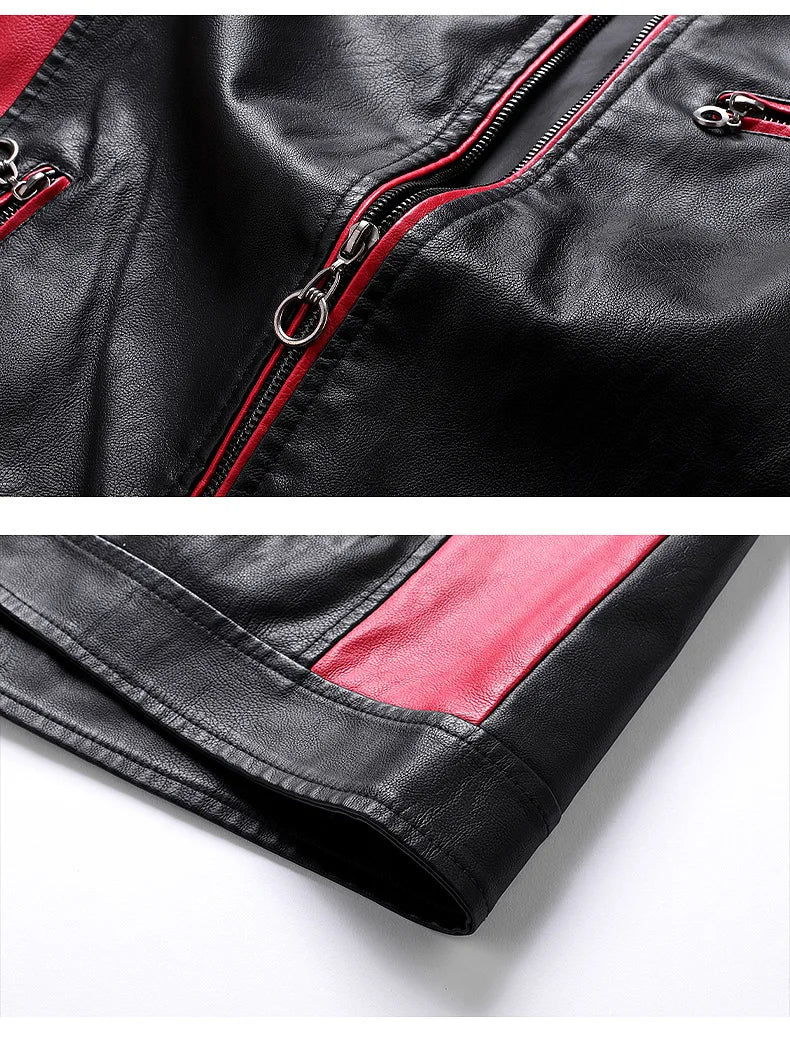 White and Red Patchwork Men's PU Jacket, Stylish Vintage Biker Faux Leather Coat, Available in Black or Brown.