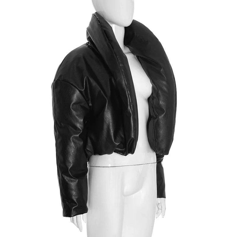 Kliou Faux Leather Puffer Coats Woman Winter Warm Trend Stand Collar Full Sleeve High Street Casual Fashion Style Crop Jacket