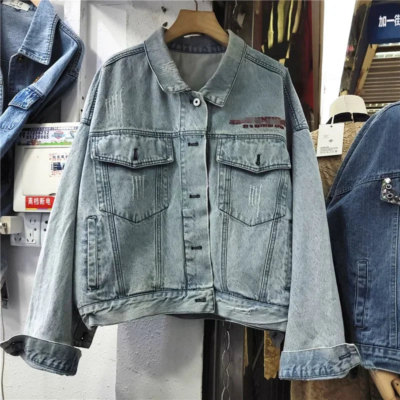 European and American style heavy industry embroidery splicing denim jacket 2025 new print loose casual denim women's jacket top