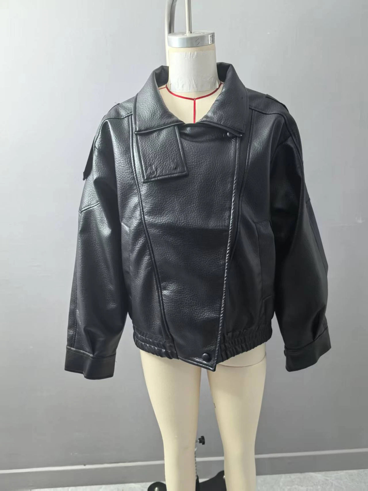 Women's Jacket New Black Long Sleeve Faux Leather Jacket Motorcycle Style Personality Fashion button and Zipper closure traf