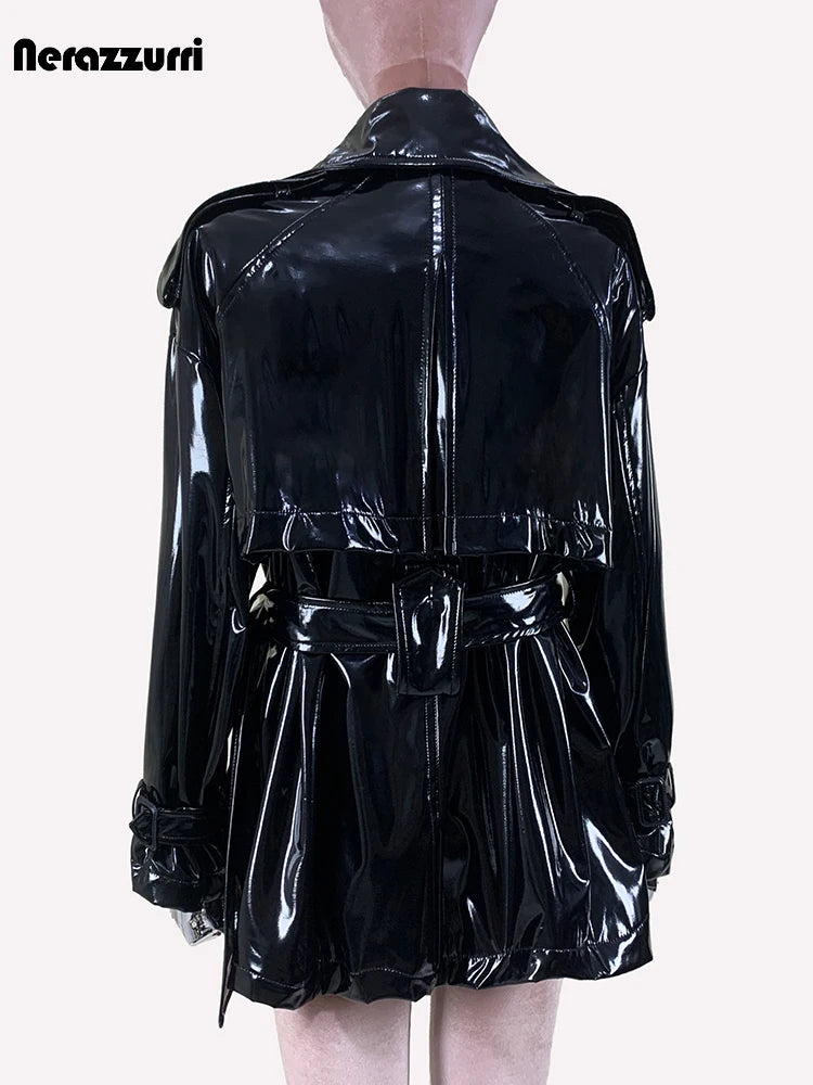 Nerazzurri Spring Autumn Oversized Thin Shiny Reflective Patent Leather Trench Coat for Women Double Breasted European Fashion