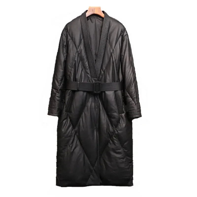 High End Leather Jacket New Women Autumn Winter Long PU Leather Windbreaker With Belt Female Down Cotton Coat Thick Warm Parkas