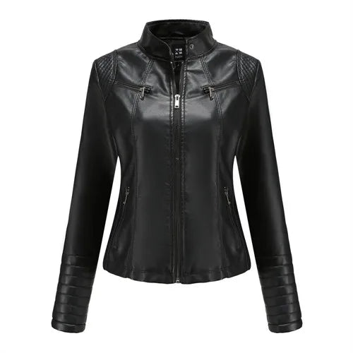 2026 New Women's Slim Leather Jacket, Stand-up Collar, Zipper Stitching, Monochromatic PU Coat, Fashion Clothing.