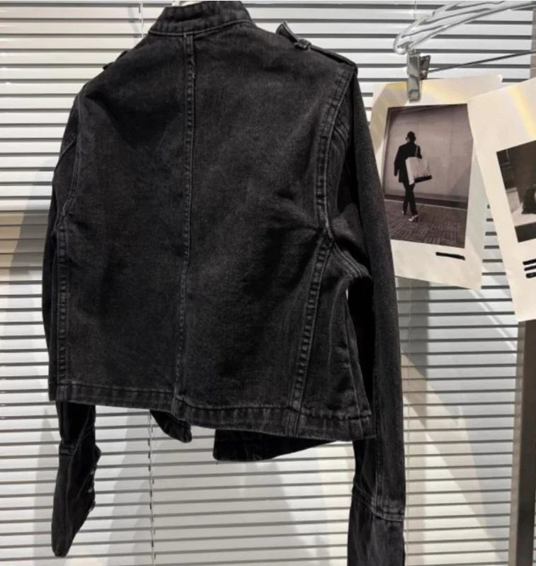 Cardigan Jacket For Women Red Metal Button Palace-Style American High-Street Denim Black Jean New Short Korean Chic Coats Black