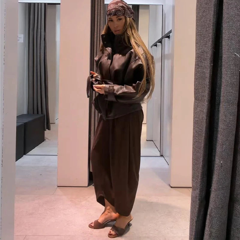 Faux Leather Jacket Stand Collar Winderbreaker Woman Waist Tie Belt Coat Long Sleeve Loose PU Leather Coat Street Wear Clothes
