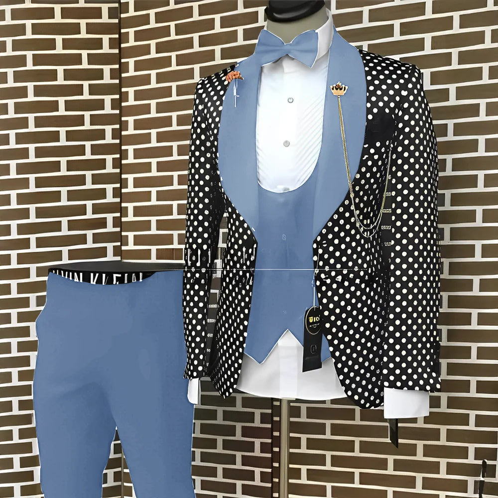 Spotted Men's Suit 3 Piece Set Wedding Groom Tuxedo Custom Slim Fit Blazer Pants Vest Men's Elegant Suit