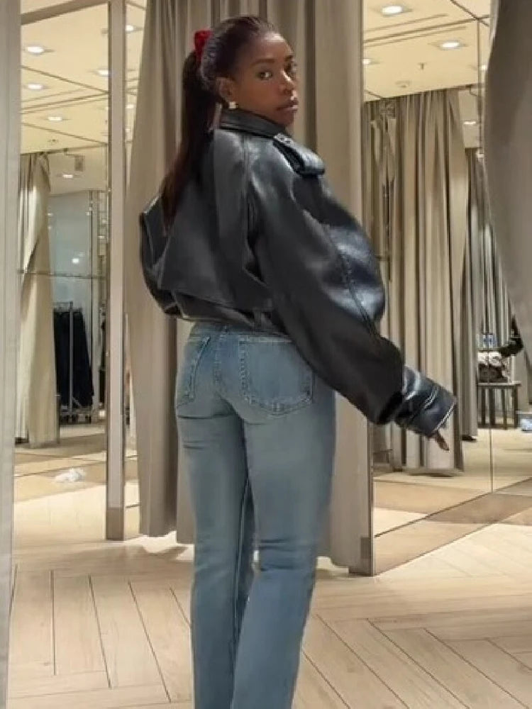 Vintage Black Faux Leather Moto Jacket Women Stand High Collar Design Oversized Cropped Biker Coat Street Fashion Outerwear 2026