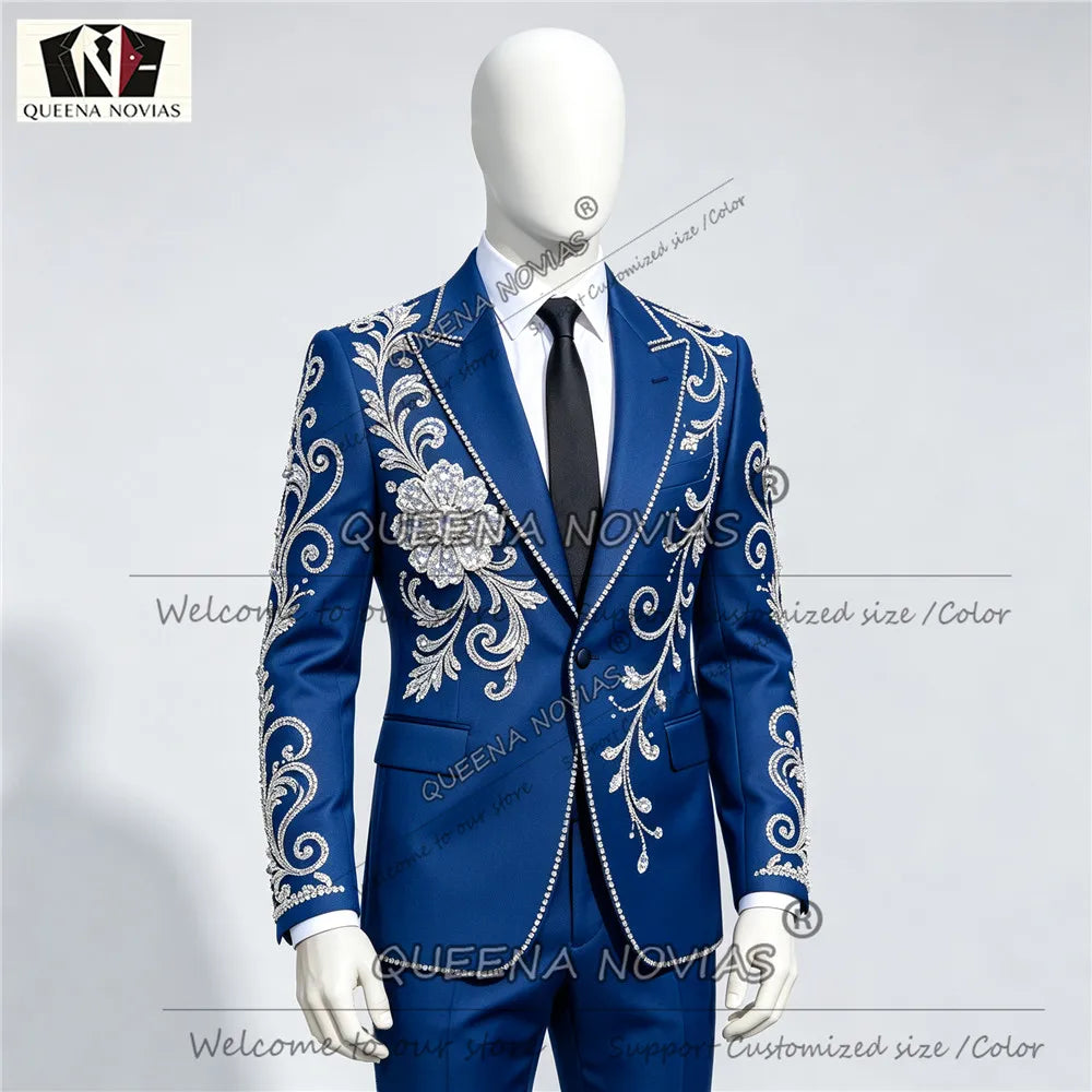 Unique Design Men's Suit Gold Diamond Beaded Jacket Pants 2 Pieces Sets Double Breasted Groom Wedding Tuxedos Male Fahion Outfit