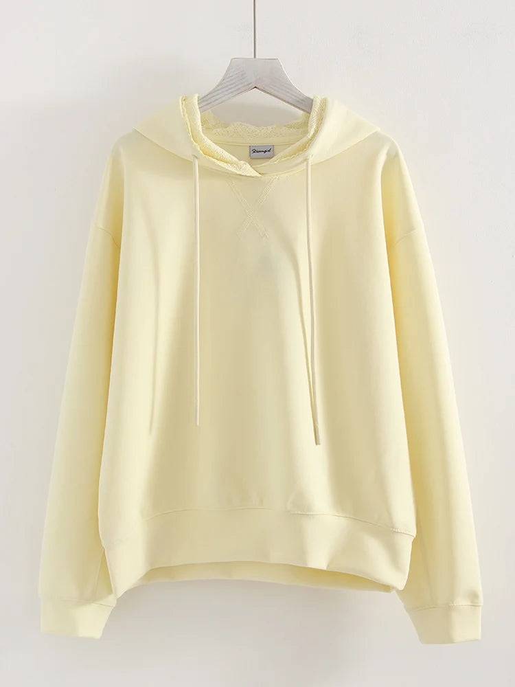 Streamgirl Brown Hoodies With Lace Women Oversize Plain Spring Elegant Butter Yellow Hooded Sweatshirts For Women Oversized