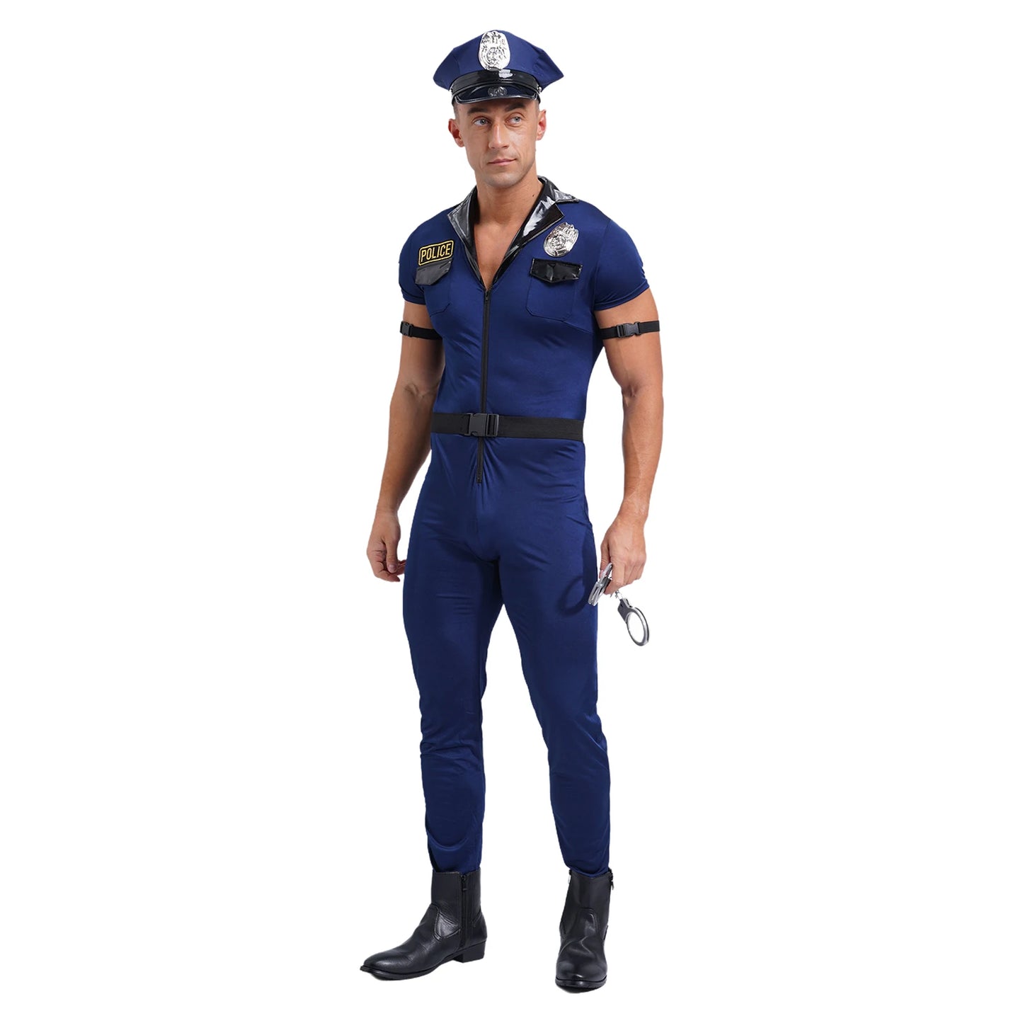 Mens Police Uniform Cosplay Outfits 7-Piece Dirty Cop Officer Costumes Front Zipper Role Play Jumpsuit Hat Belt Manacles Badge