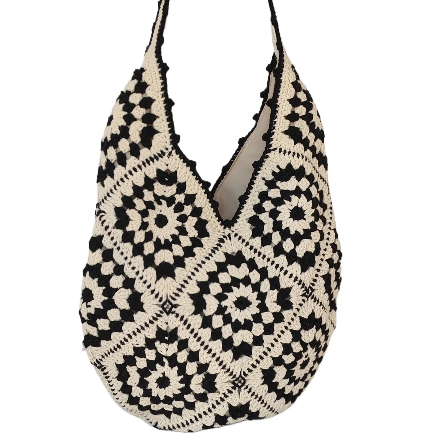 Handmade Crochet Granny Square Shoulder Bag – Vintage Boho Knitted Tote, Black & White Retro Hobo Bag for Women