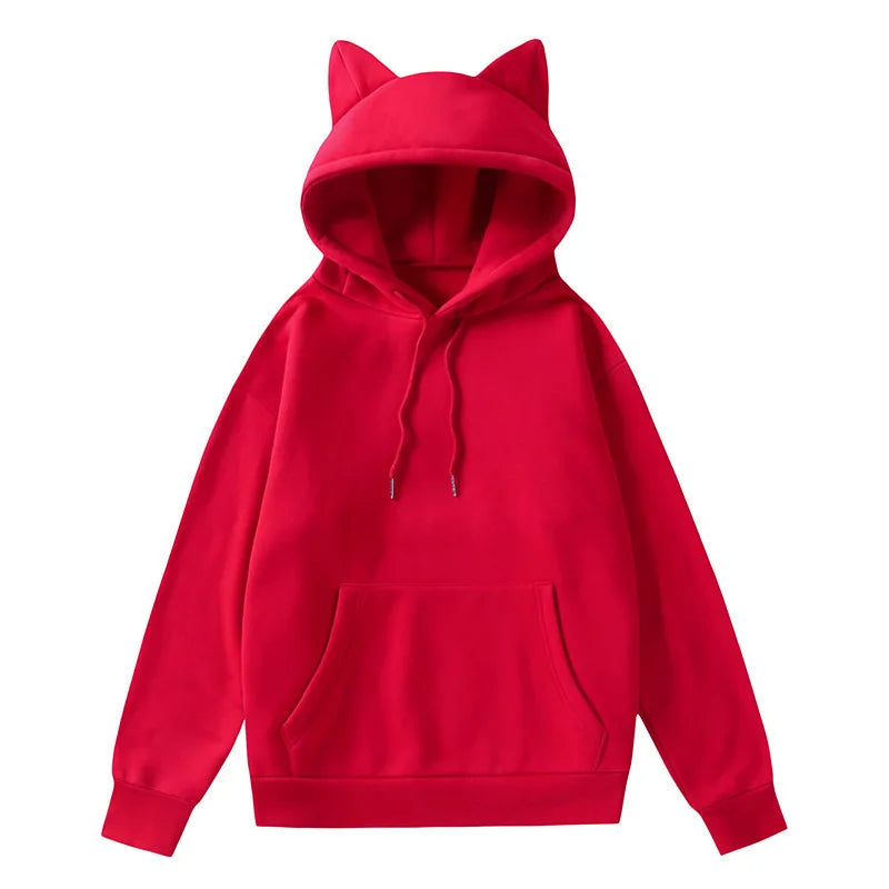 Women's Cat Ear Design Hooded Fleece Sweatshirt Casual Fashion Spring Autumn New Style V-neck Female Clothing  Hoodies Women