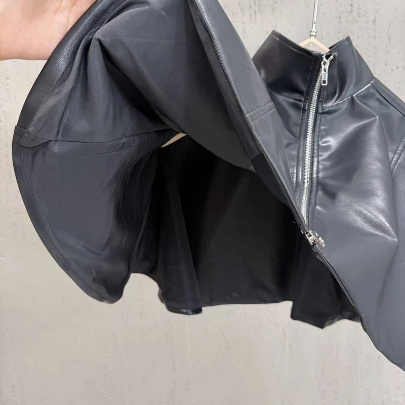 KUCLUT 2026 Autumn Stand Collar Cape With Ruffles Puffy PU Leather Jacket For Women Short Zipper Motorcycle Style Coat 1A4196