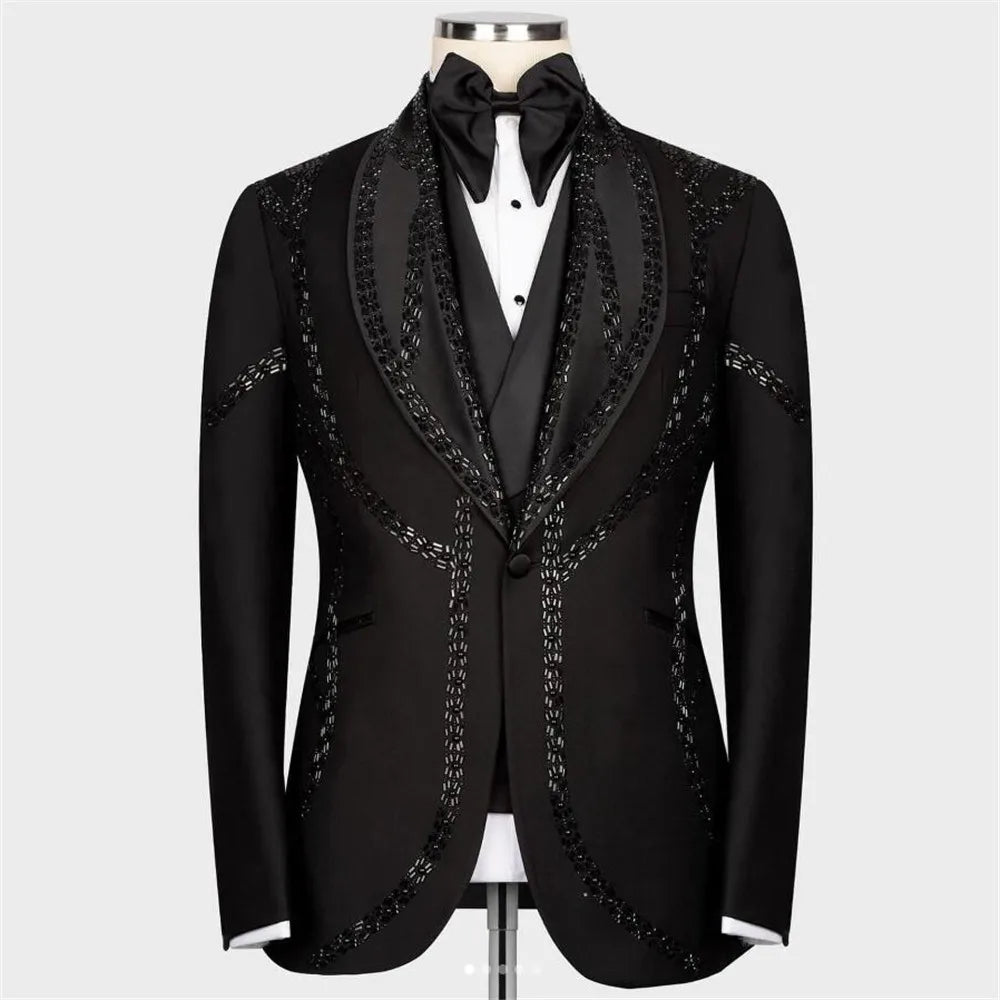 Luxury Beaded Stone Suits Men Slim Fit Shawl Lapel Jacket Vest Pants 3 Pieces Groom Tuxedo Customized Man Business Prom Blazer