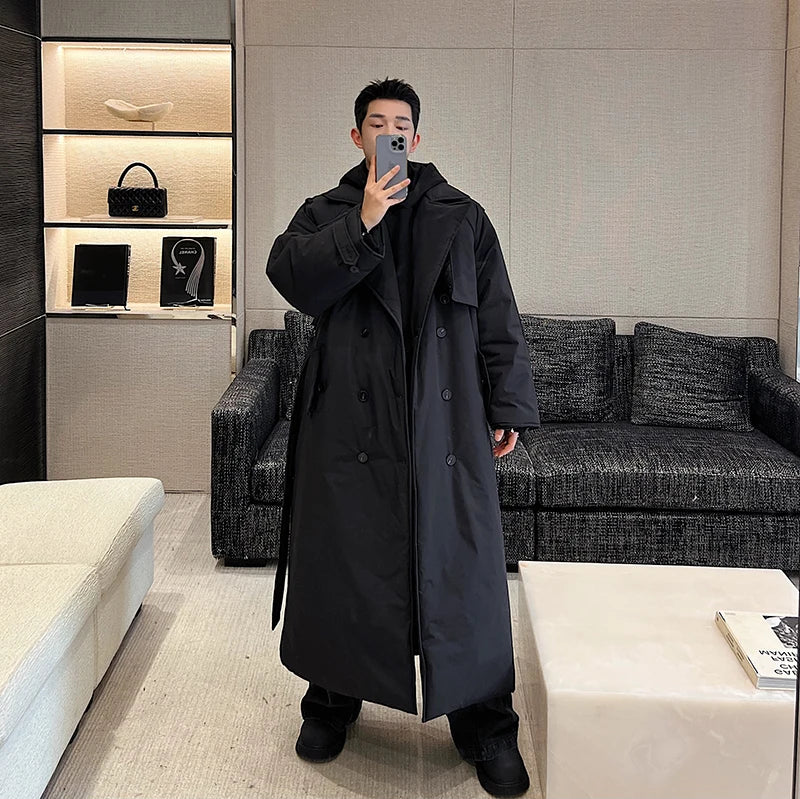 Winter Thickened Long Down Jacket Man's Belt Design Korean Warm Over The Knee Fashionable Long Sleeve Solid Color Cotton Coats