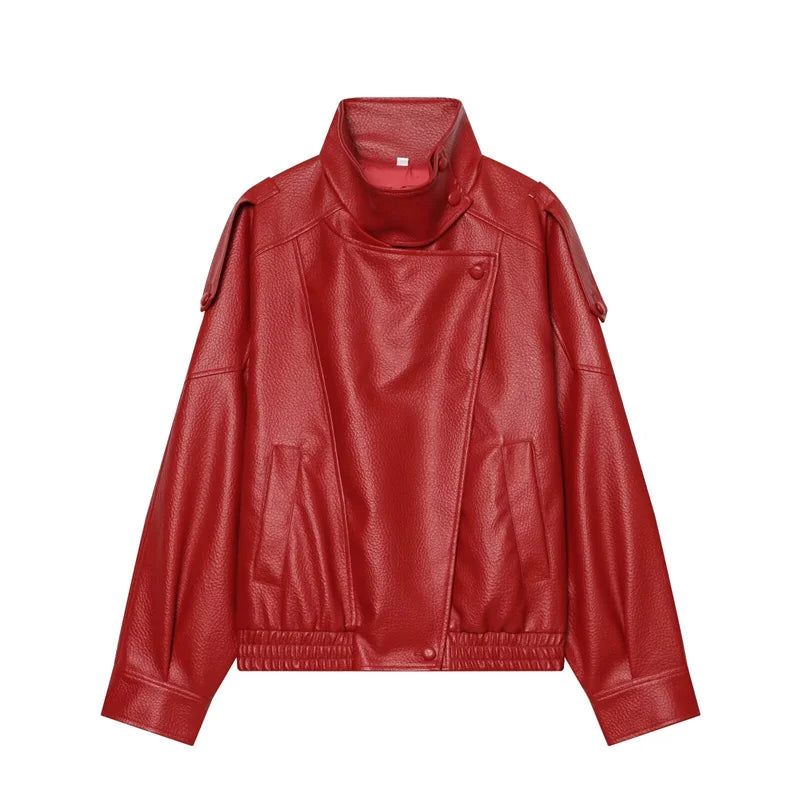 Women's Jacket 2026 Autunm  New Black Long Sleeve Pebble Faux Leather Jacket Motorcycle Style Personality Fashion