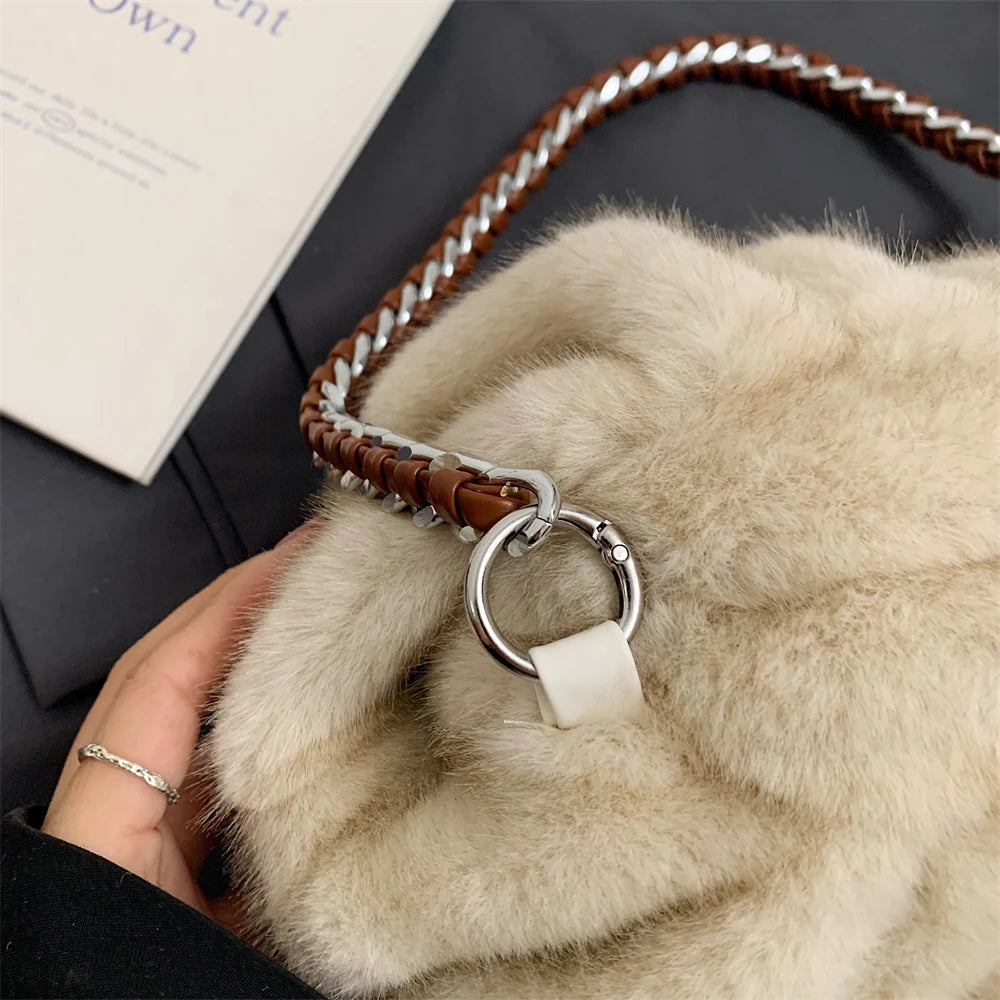 MOODS Pleated Design Faux Fur Shoulder Bags For Women 2024 Luxury Designer Purses And Handbags Winter Warm Soft Plush Hobo Bags