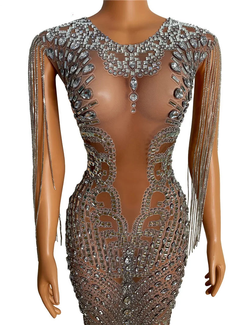 Transparent Long Diamond Dark Brown Party Dress Birthday Luxury Costume Fancy Brilliant Dancer Wedding Dress Impressive Dress