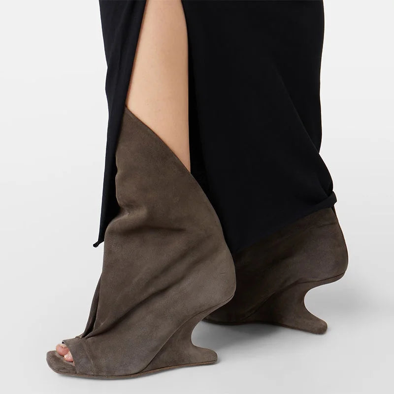 Runway Style Women Peep Toe Tall Boots Sculptural Wedge Heel Draped Pleated Upper Trendy Evening Statement Fashion Footwear