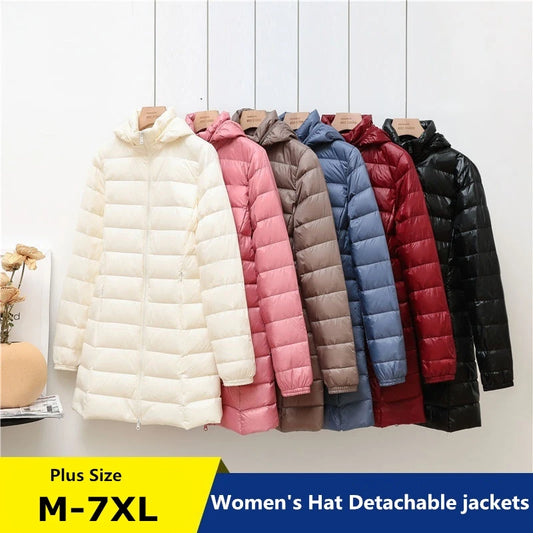 2023 Women Autumn Winter Ultralight Thin Packable Down Long Jacket  Female Hat Detachable Slim Fit Skirt Coat Portable Outwear