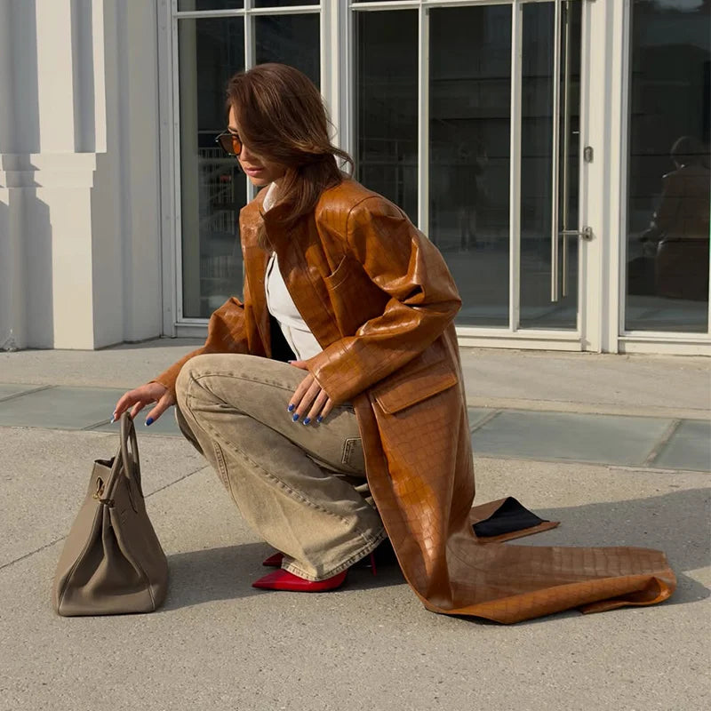 Fashion Croc Pattern PU Leather Women's Jacket Stand Collar Oversize Long Sleeve Chic Coat  2026 Autumn Winter New Daily Wear