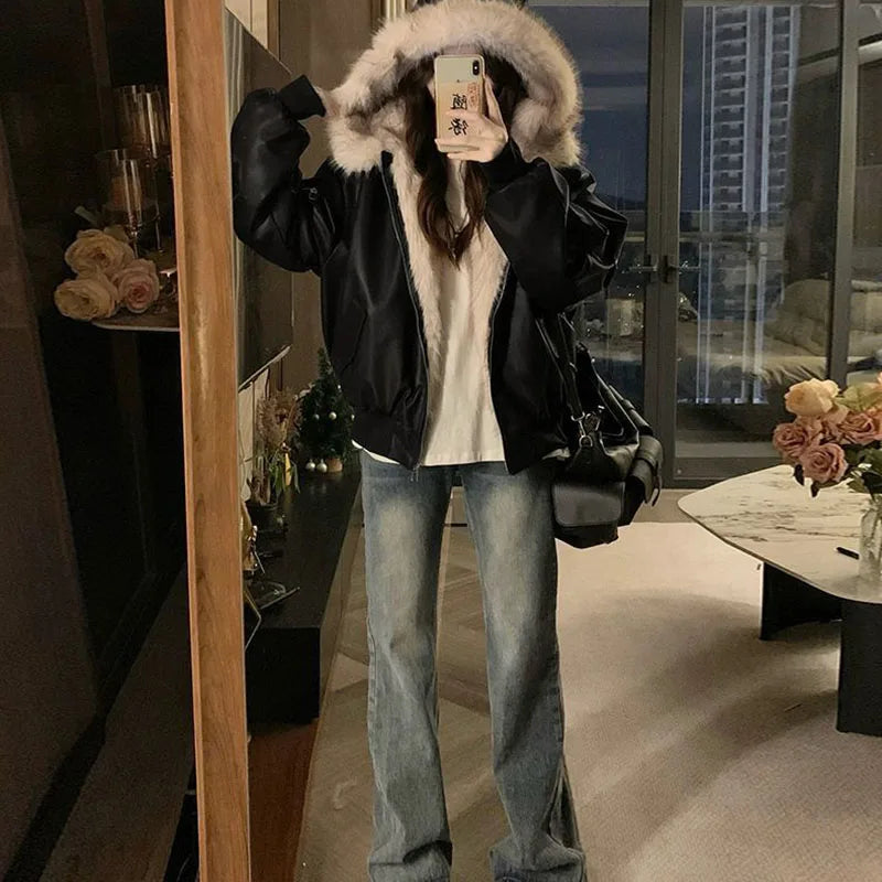 Winter Thick Warm Fleece Hooded Jacket Women Korean Fashion Loose Zipper Leather Coats Chic Full Faux Fur Lined Bomber Outerwear