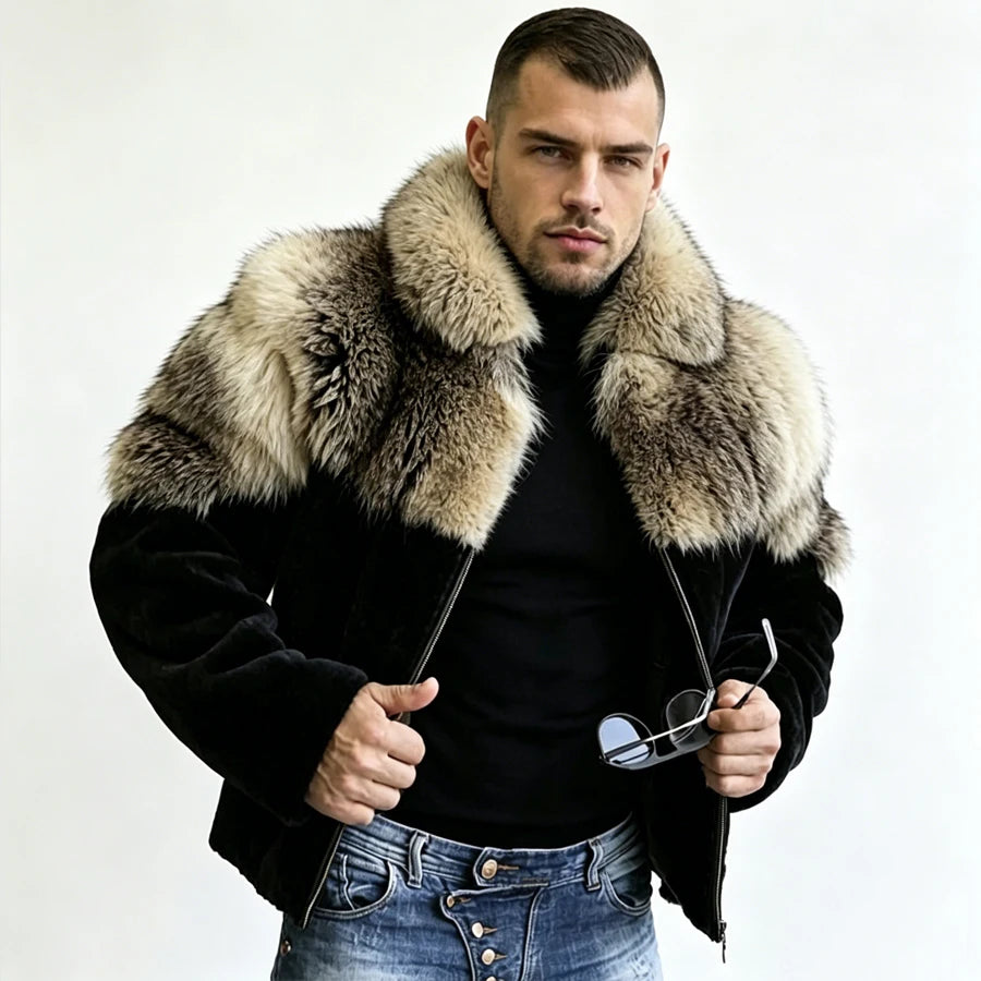 Men's Coyote Fur Jacket With Black Rabbit Fur Natural Wolf Fur Zippered Jacket Cropped Rabbit Fur Jacket New Real Fur Coat