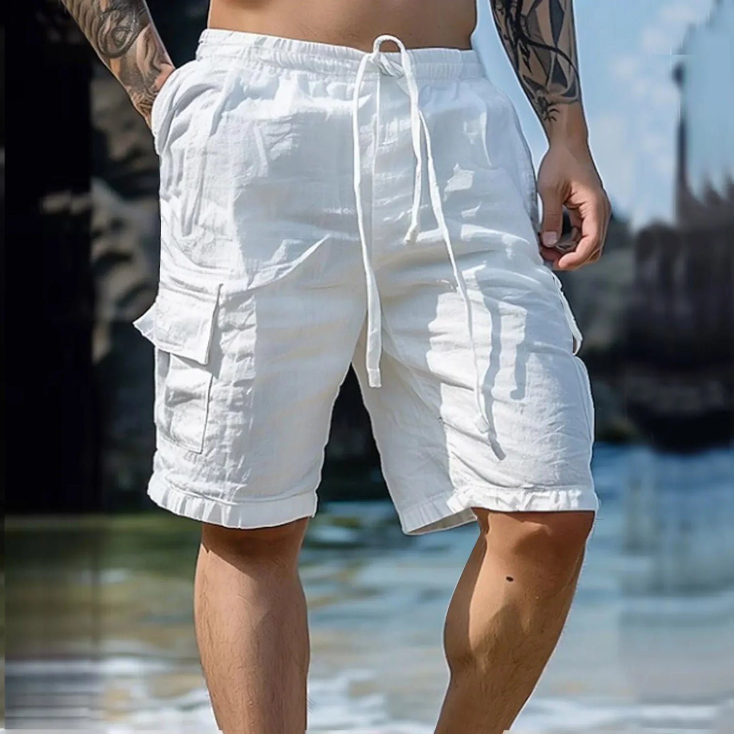 2026 Men's Summer Fashion Loose White Cargo Shorts Handsome Streetwear Beachwear Solid Color With Pockets Shorts Workout Pants
