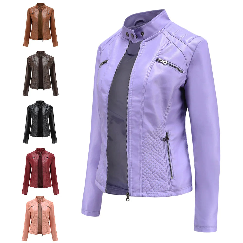 Ladies casual stand-up collar jacket Slim models women's spring and autumn solid color women's leather jacket