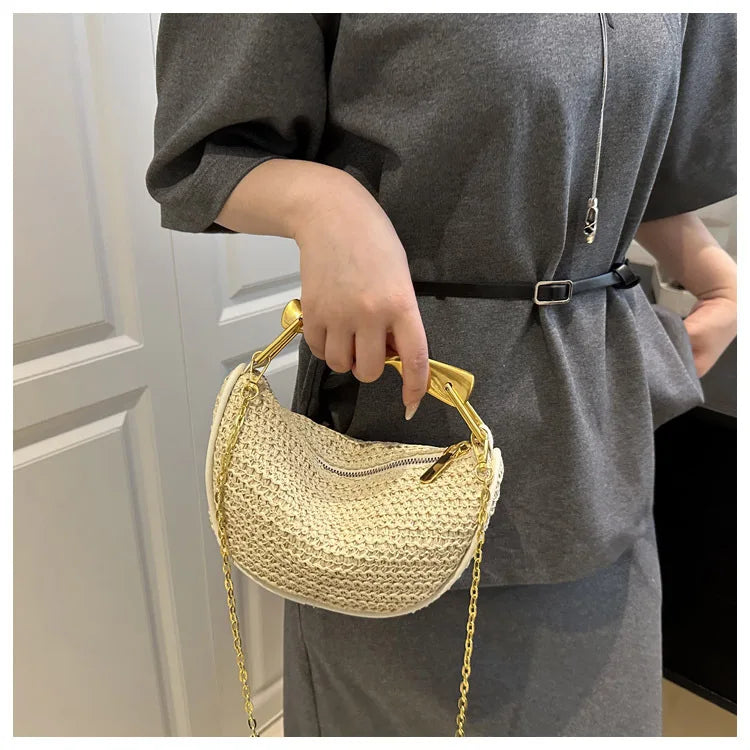 Luxury Metal Handle Clutch Bag Women Exquisite Handmade Rattan Woven crossbody Bag Half-moon Beach Bags Roomy Straw Tote Bag
