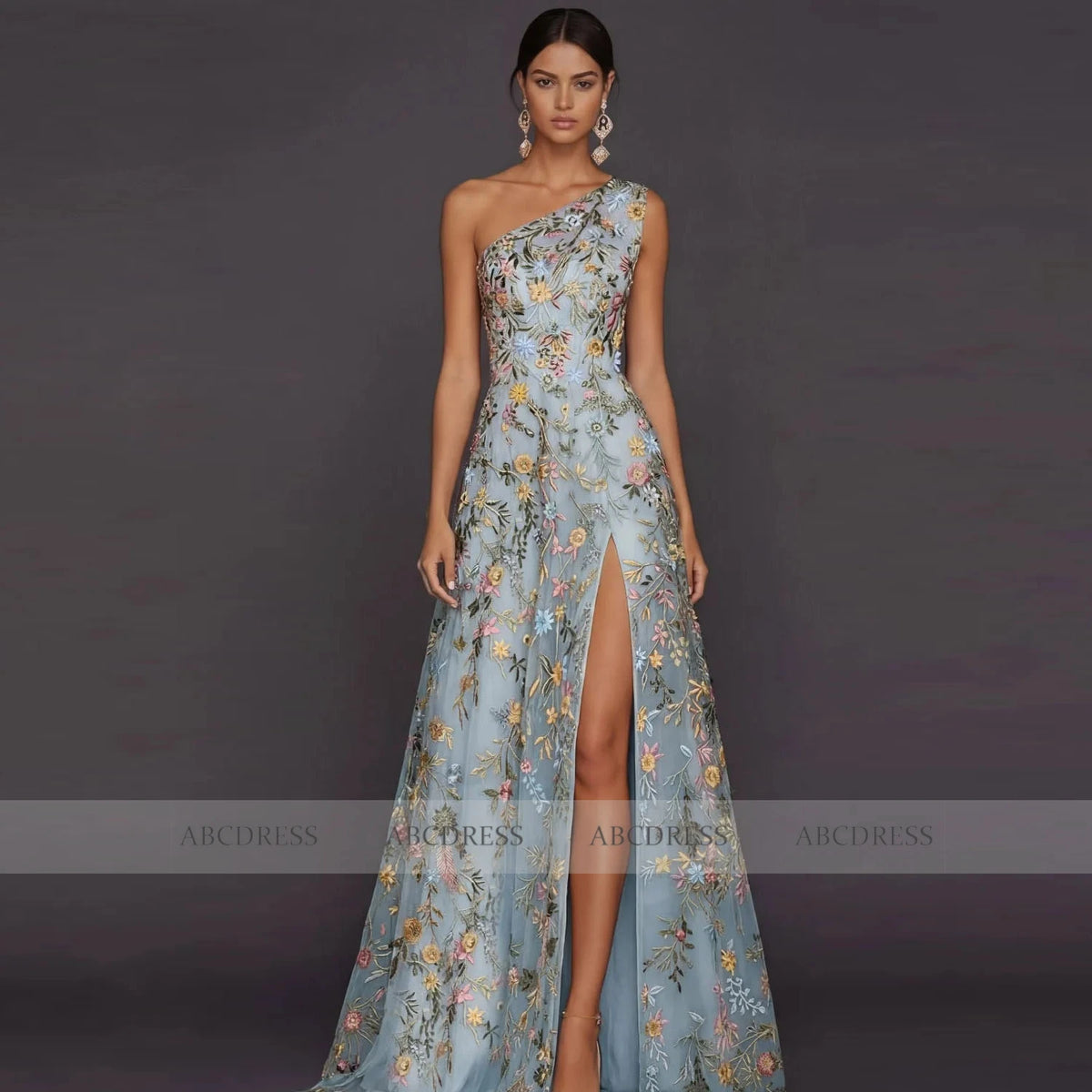 Customized Floral Embroidery Tulle Prom Dress One‑Shoulder Long Formal Evening Gown Backless Wedding Guest Dresses Plus Size