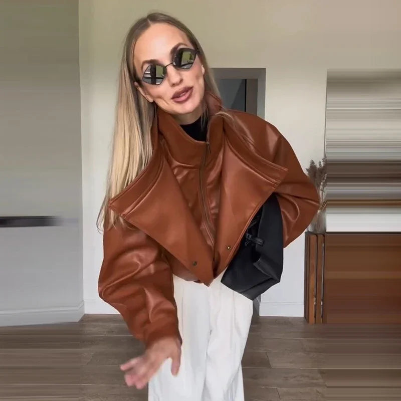 Fashion Solid Faux Leather Women's Jacket  Lapel Waist Cinching Loose Long Sleeves Coat Chic 2026 Spring Autumn New Street Wear